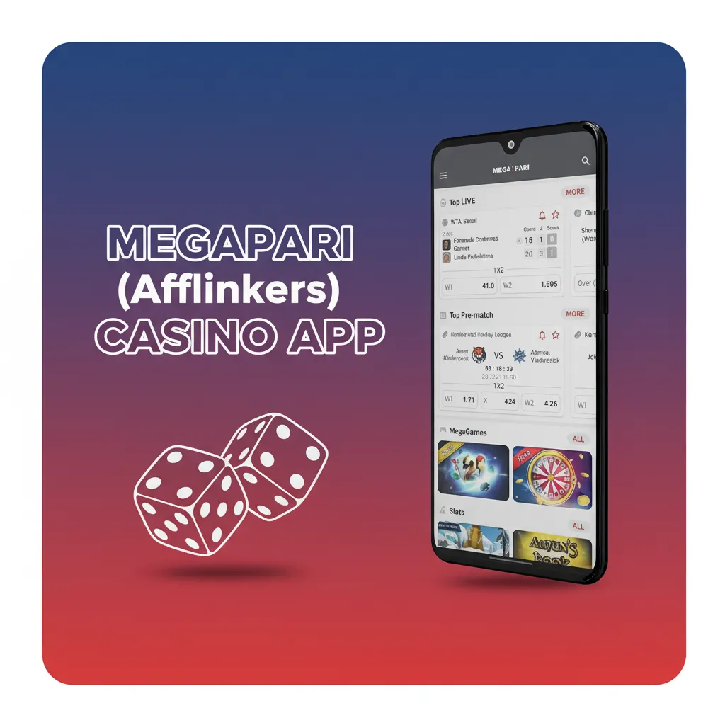 MegaPari casino app showing Casino tab with slots, live rooms, promos, and dealers for roulette and blackjack, baccarat.