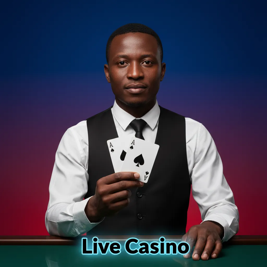 Live dealer casino: croupier on camera with roulette wheel, blackjack and baccarat tables, streamed to devices in Kenya.