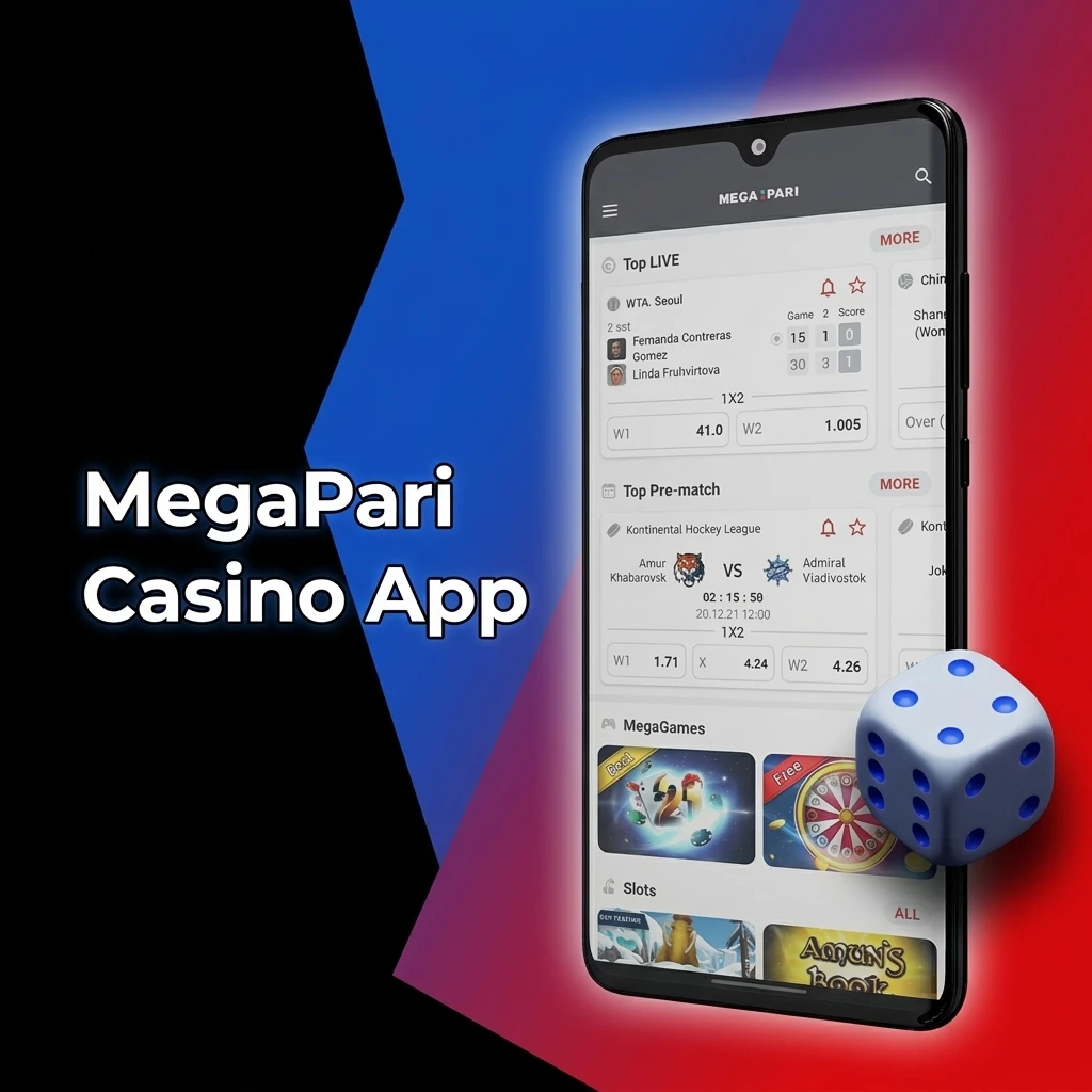 MegaPari Casino app with slots, roulette, blackjack, live dealers, Gates of Olympus, Book of Dead, and daily offers.