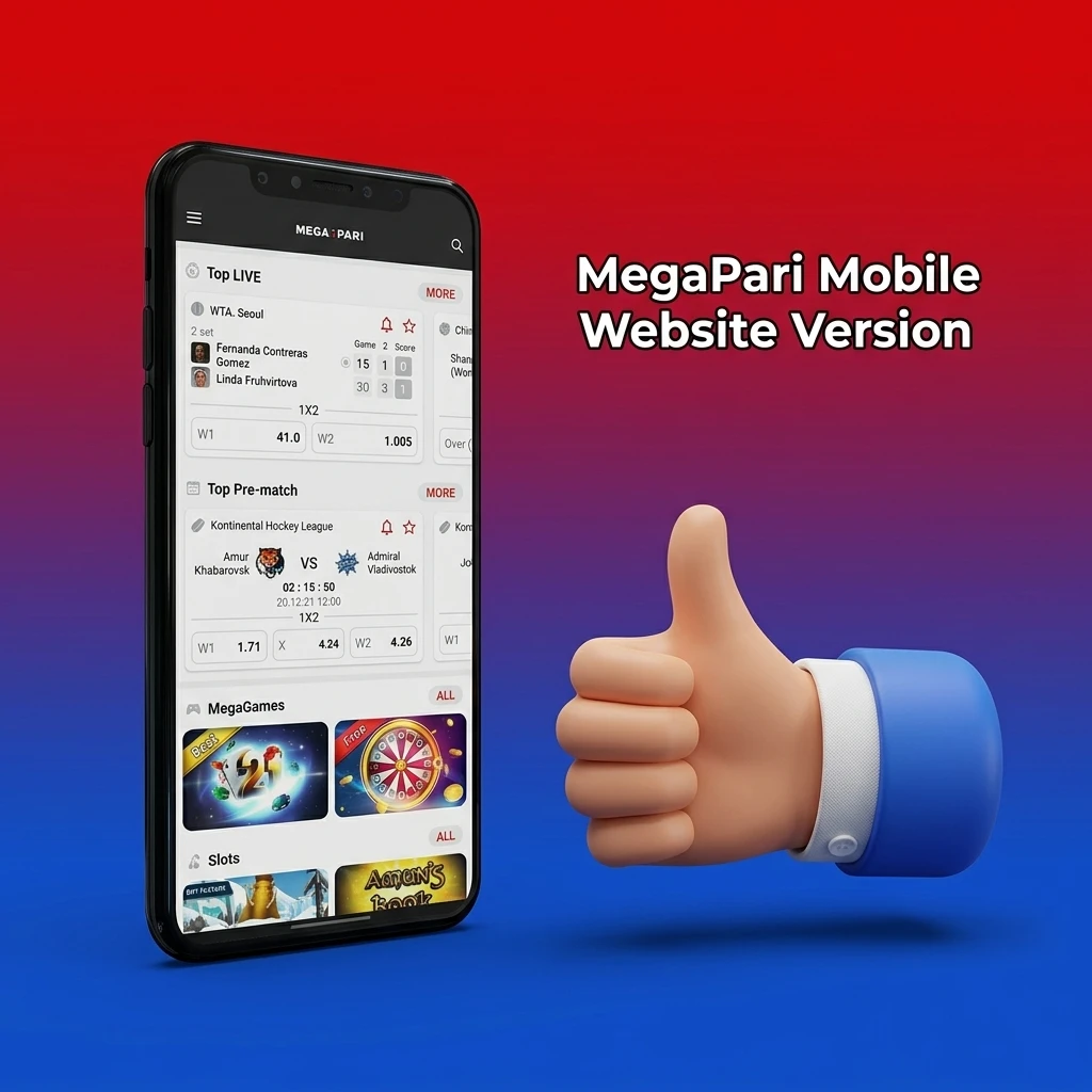 MegaPari mobile website on smartphone: betting, casino, bonuses, payments; responsive, no app install, quick navigation