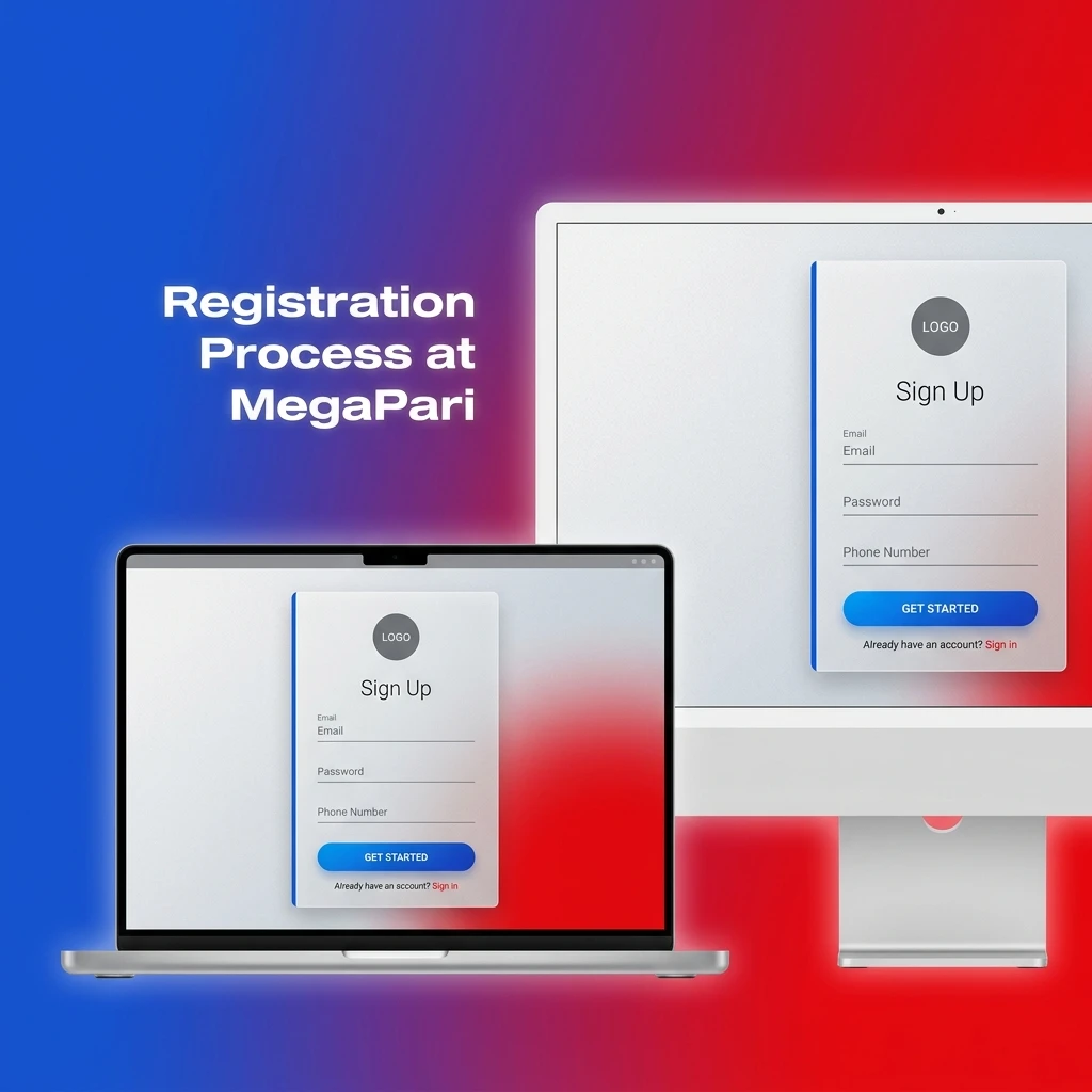 MegaPari account registration steps: click Register, enter details, verify, accept terms, deposit, choose bonus.